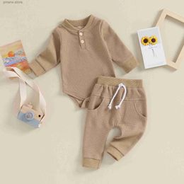 Ensembles de vêtements coton doux nouveau-né bébé garçon vêtements printemps nouveaux enfants gaufre combinaison tenues à manches longues barboteuse + pantalon taille élastique ensemble pour bébé