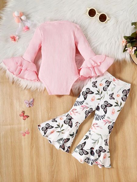 Conjuntos de ropa Solid Color Rib Slamar Sobén de manga larga con pantalones de estampado de flores de mariposa - Adorable atuendo de 2 piezas para niñas para bebés