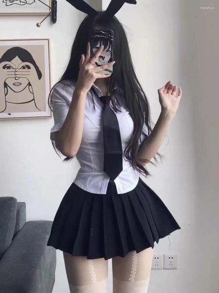 Conjuntos de ropa, uniforme de chica picante, traje de estudiante diario japonés JK, conjunto de mujer de manga larga, camisa blanca ajustada, Mini Falda plisada de verano