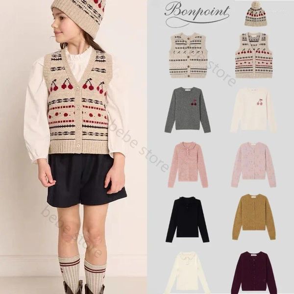 Conjuntos de ropa Spot BP2024 Otoño/Invierno Chaleco de lana pura Suéter de cereza para niñas Camiseta sin mangas de punto Estilo de la Academia para niños Conjunto alto Bonpoint