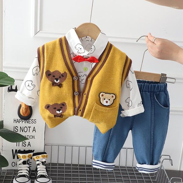 Ensembles de vêtements printemps et automne bébé ours à manches longues ensemble 0-5 ans gilet tricoté gilet chemise pantalon trois pièces vêtements de sport décontractés