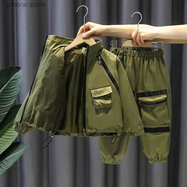 Conjuntos de ropa Conjunto deportivo de manga larga con bolsillo para niños de primavera y otoño Conjunto informal de dos piezas con protectores de cuello alto y pantalones para niños de 1 a 10 años