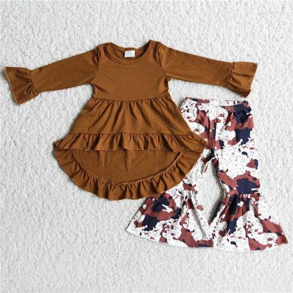 Ensembles de vêtements printemps et automne Mode brun plissé à manches longues Pantalons d'encre Set Boutique Baby Girls Children Tenues