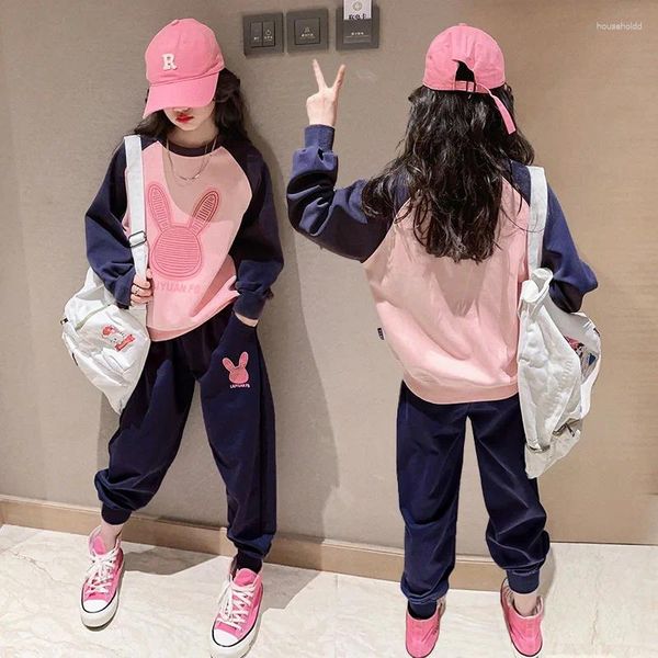 Ensembles de vêtements Printemps Atumn Filles Contraste Sweat à capuche Sweatpant School Kid Survêtement Étudiants Jogger Costume Enfant Tenues 5 7 9 11 15 ans