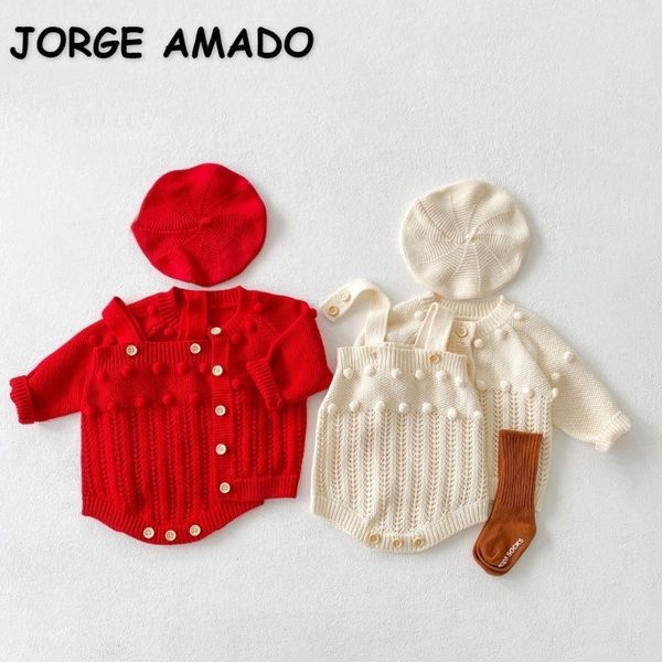 Conjuntos de ropa Primavera Otoño Baby Girl Boy 2pcs Set Red Albaricoque Hecho a mano Bola de punto Cardigan TopStrap Body Nacido Ropa E86041 230923