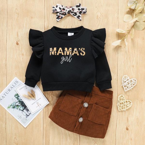 Conjuntos de ropa Primavera Otoño Ropa para niñas Ropa de leopardo Carta de manga larga Jersey Sudadera Tops Faldas de bolsillo Traje para niños pequeños