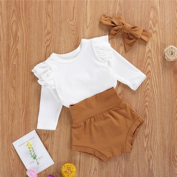 Conjuntos de ropa Primavera Otoño Nacido Bebés Niños Niñas Ropa Volantes Manga larga Sólido Romper Tops Pantalones cortos de cintura alta Pantalones Niños Ropa Ropa