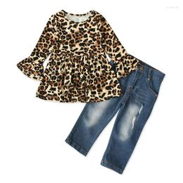 Ensembles de vêtements printemps d'automne nés enfants bébé fille vêtements à manches longues à manches léopard chemises de chemise de pantalon en jean déchiré