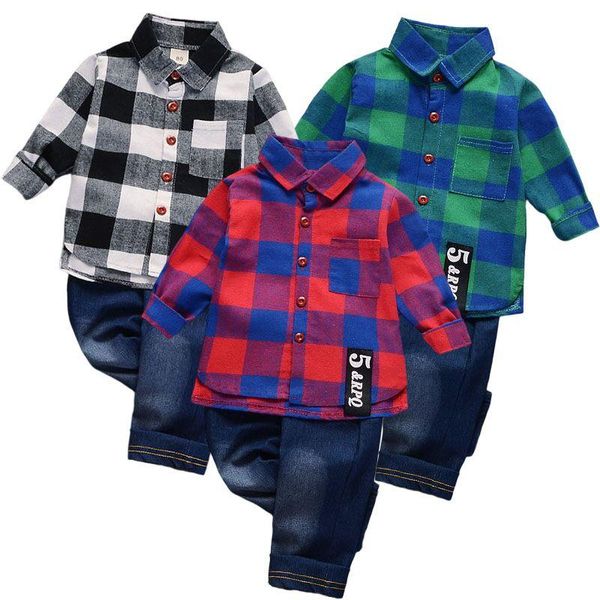 Ensembles de vêtements printemps automne garçons enfant en bas âge à manches longues chemise à carreaux jean 2 pièces costume pour enfants vêtements mode bébé tenues vêtements