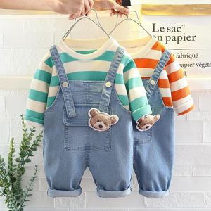 Ensembles de vêtements printemps automne enfants garçon 2 pièces ensemble sweat-shirts en coton à rayures salopette en jean vêtements pour bébé fille combinaison pour enfants