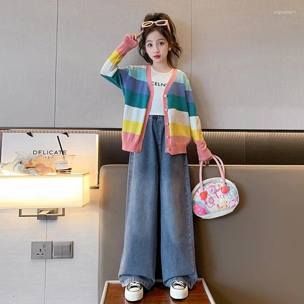 Ensembles de vêtements Spring Autumn Children Girl 2pcs Vêtements Ensemble adolescent Stripes colorées Cardigan Kintwear Straight Jeans pour 4-12 ans