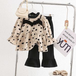 Ensembles de vêtements printemps automne enfants filles à manches longues imprimé dessus de chemise + pantalon évasé deux pièces ensemble de vêtements