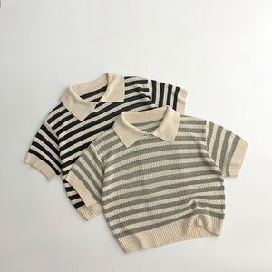 Ensembles de vêtements Printemps Automne Enfants Tricot Évider Polo Shirt Fille Bébé Lâche À Manches Courtes Pull Tops Garçon Enfant Casual Rayé Tees 230606