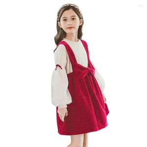 Ensembles de vêtements printemps automne filles mignonnes ensemble manches bouffantes haut barboteuse rouge ensemble deux pièces enfants Costumes mode coréenne enfants tenue