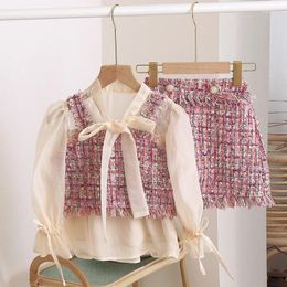 Conjuntos de ropa Primavera Otoño Niñas 2 piezas Set Bebé Crop Chaleco Falda Trajes para niños Ropa de marca para niños Moda Gunny Pearl Borla a 7 años