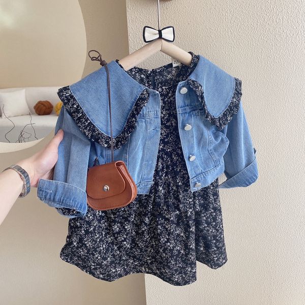 Ensembles de vêtements printemps automne filles ensembles mignon revers Denim haut robe florale deux pièces ensemble enfants vêtements costume 230417