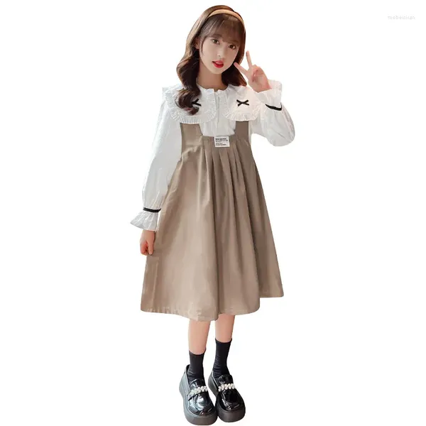 Ensembles de vêtements printemps automne filles chemisier blanc haut robe à bretelles école enfants élégants étudiants costume enfant 2 pièces tenues 4-14 ans