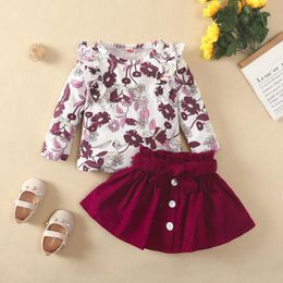 Kledingsets Spring herfst Autumn Toddler Baby Kid Girl Deset Floral Print Flying Sleeve pullover tops en Wine Red A-Line Rok Outfits