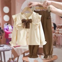 Ensembles de vêtements Printemps Automne Y2K Mode Mignon Filles Deux Pièces Ensemble Coton À Manches Longues Solide Chemise Et Pantalon Enfants Costume Bowknot Vêtements Pour Enfants 231019