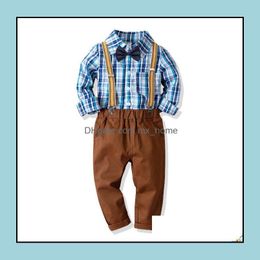 Kledingsets lente babyjongens heer kleren set kinderen bowtie plaid shirt met lange mouwen en suspender boy kinderen 2 stks outfi mxhome dhqvd