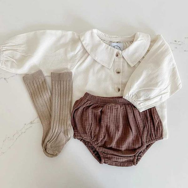 Ensembles de vêtements Printemps Vêtements pour bébés Automne Blouse à manches longues Top Short en coton biologique Ensemble revers Couleur unie Vintage Bloomer Costume cadeau pour bébé