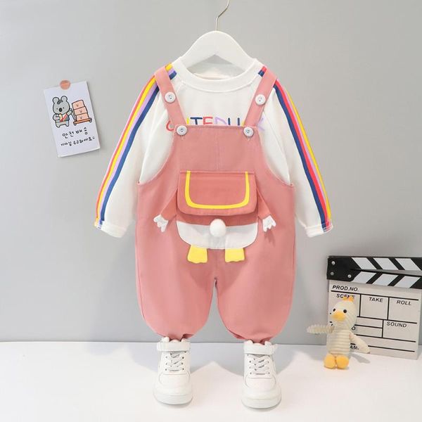 Ensembles de vêtements printemps bébé fille tenue mode rayé à manches longues t-manches canard poche bretelles mignon enfant en bas âge 2 pièces ensemble vêtements