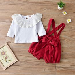 Kledingsets lente babymeisjes kleren set lange mouw kanten kraag witte tops rode suring shorts 2pcs meisje outfits feest kinderen s s s