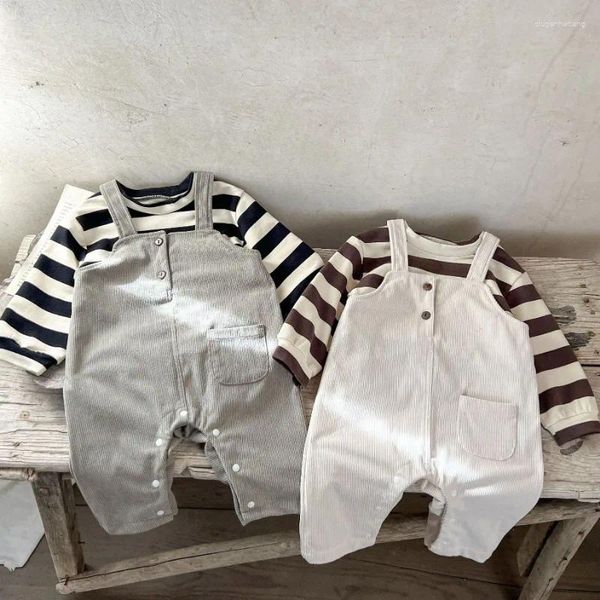Sets de ropa Spring Baby Maneveless Corduroy Jumpsuit para niños pequeños Camisetas de rayas casuales nacidas de bolsillo
