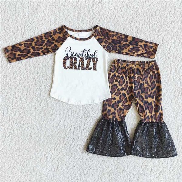 Conjuntos de ropa Fashion Fashion Kids Leopardo Impresión de manga larga Pantalones de bengala de lentejuelas