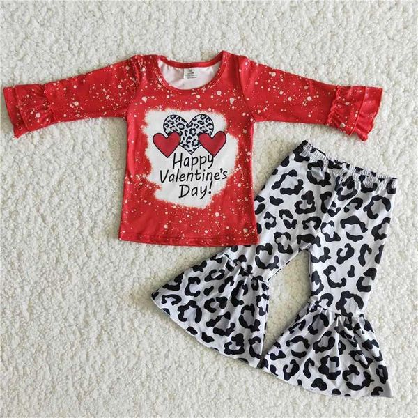 Vêtements Ensembles de la mode printemps pour enfants Valentin Hearts Leopard Pantalon évasé Pantalon Set Boutique En gros de bébés filles enfants tenues