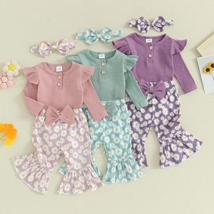 Vêtements Ensembles de printemps bébé bébé filles tenues côtelées manches longues rober et marguerite pantalon évasé élastique.