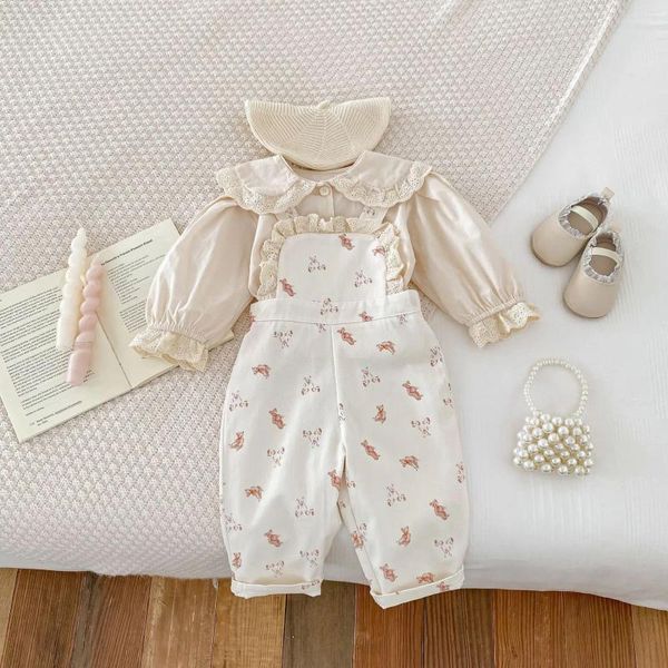 Sets de ropa Spring Ins Baby Girl 2 PPCS Juego de ropa de algodón Camas de manga larga de algodón Lindo Bear Pantalones de suspensión impresa traje para niños pequeños