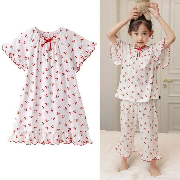 Conjuntos de ropa Conjunto de pijama suave de primavera para niña Niños Algodón fino Baño Cómodo Vestido de cereza Pijamas Ropa de dormir