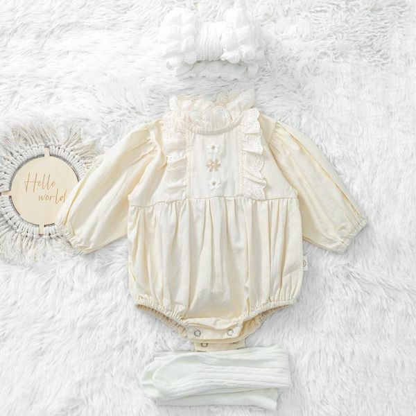 Conjuntos de ropa de primavera y verano para niña, ropa de algodón con cuello redondo de encaje, Pelele de una pieza para niño pequeño, conjunto de diadema para niño nacido 6 9 12 18 24M 3T