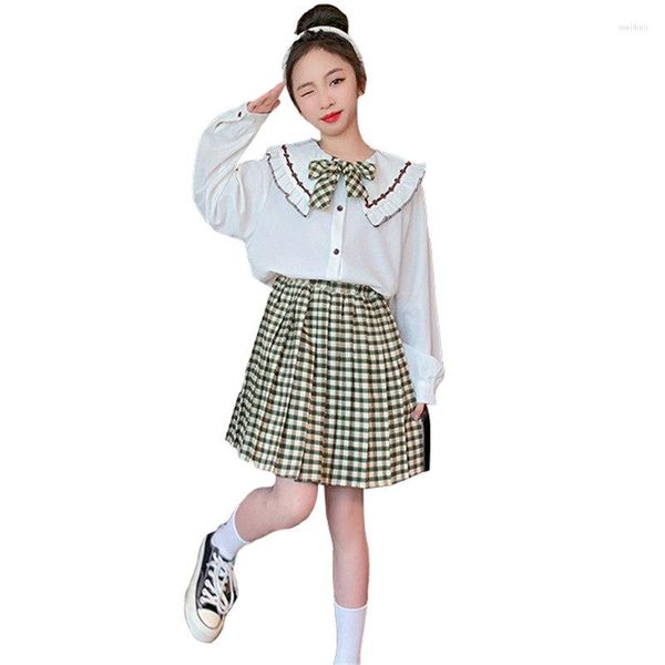 Ensembles de vêtements Spring Summer Girls 2 PCS Ensemble Blanc Blouses Jupe plissée Kids Plaid Suit Baby Childre