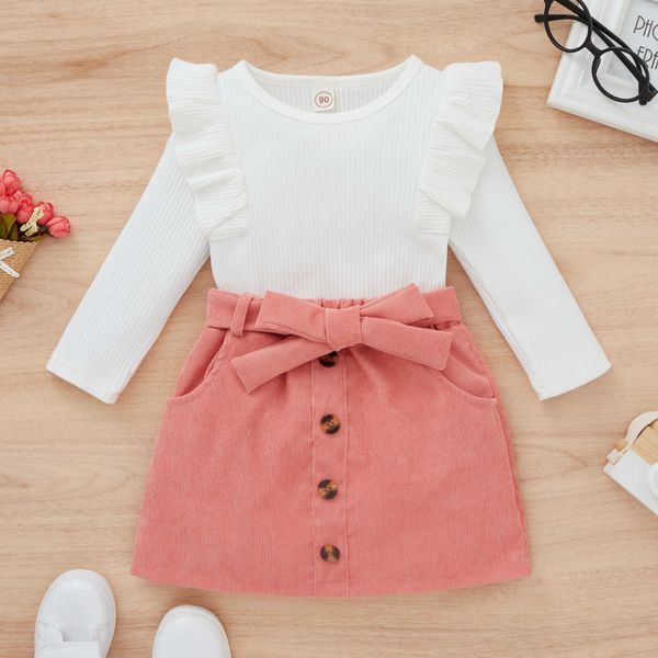 Conjuntos de ropa para niñas pequeñas, conjunto de ropa con volantes, Tops de manga larga, falda con botones de Color sólido, conjunto de ropa de otoño