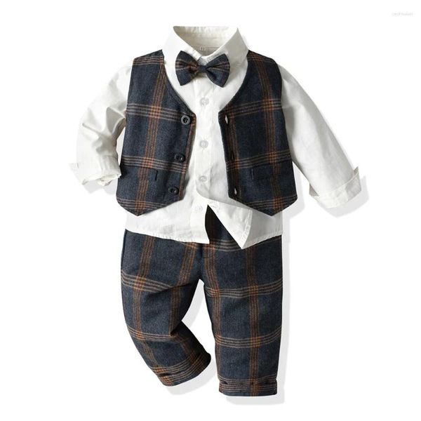 Conjuntos de ropa Primavera Niños pequeños Ropa a cuadros Bebé Traje de fiesta formal Chaleco Camisa Pantalones 3 piezas Conjunto de ropa de abrigo de otoño para niños de 1 a 7 años