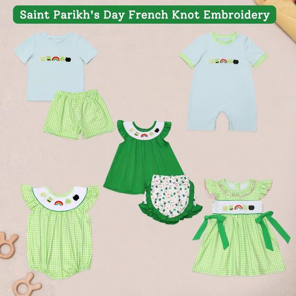 Ensembles de vêtements St. Patrick's Day French Knot T-shirt à manches courtes Robe à col rond Filles Green Bubble Boy Blue Top Vêtements et pantalons en treillis