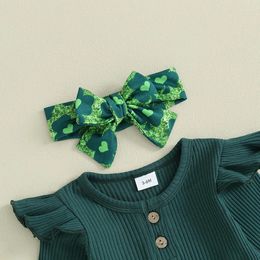 Ensembles de vêtements St Patrick S Day Outfit bébé fille à manches longues barboteuse body trèfle pantalon évasé bandeau ensemble chance de l'irlandais 3pcs printemps