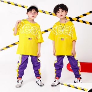 Conjuntos de ropa Ropa de escenario Amarillo Chicas Niños Hip Hop Ropa de baile para niños Jazz Salón de baile Trajes de baile Camiseta Tops Pantalones Jogger Fas Dh9Cw