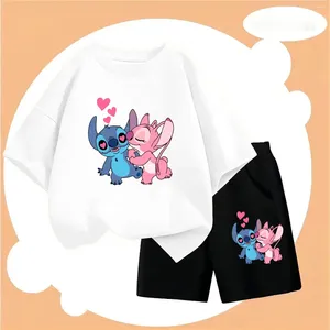 Kledingsets Stitch Summer Fashion Children's Pure Cotton T-Shirt Set Boys and Girls Birthday Gift Party 2024 Pullover