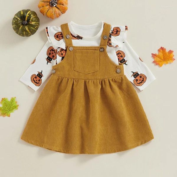 Conjuntos de ropa Suefunskry Baby Girls Trajes de Halloween Calabaza / Fantasma Estampado con volantes Manga larga Mameluco y vestido de tirantes de pana