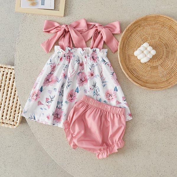 Ensembles de vêtements Suefunskry Ensemble de shorts pour bébés filles Tie-up Flower Print Camisole Tops With Elastic Waist Summer Casual Outfit 0-3Years