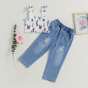 Kledingsets Suefunskry Kinderen Meisjes Broek Set Mouwloos Vlinderprint Hemdje Met Elastische Taille Gescheurde Jeans Zomerkleding 1-6Years