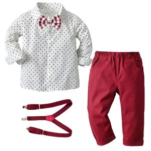 Conjuntos de ropa Traje para conjuntos de ropa para niño 1-6 años Cumpleaños Boda Ropa para niños pequeños Camisa con lazo y estrella Pantalón rojo Cinturón Traje de fiesta para niños 230110