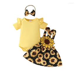 Ensembles de vêtements d'été 0-18 mois nés Baby Girl Vêtements manches courtes bodys jaunes Tops de tournesol robe à coiffure 3pcs