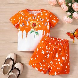 Vêtements Ensembles d'été 2pcs filles T-shirt de cou rond Salle de tournesol / papillon imprimé à manches courtes surnom