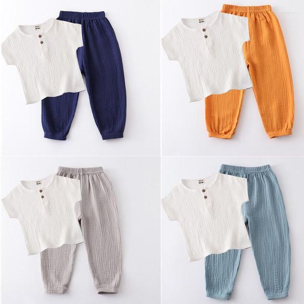 Juegos de ropa Summer 2 PCS Ropa para niños Muslin Linen Suites de algodón Camiseta de manga corta Pantalones sueltos Niños para niños Niños de primavera