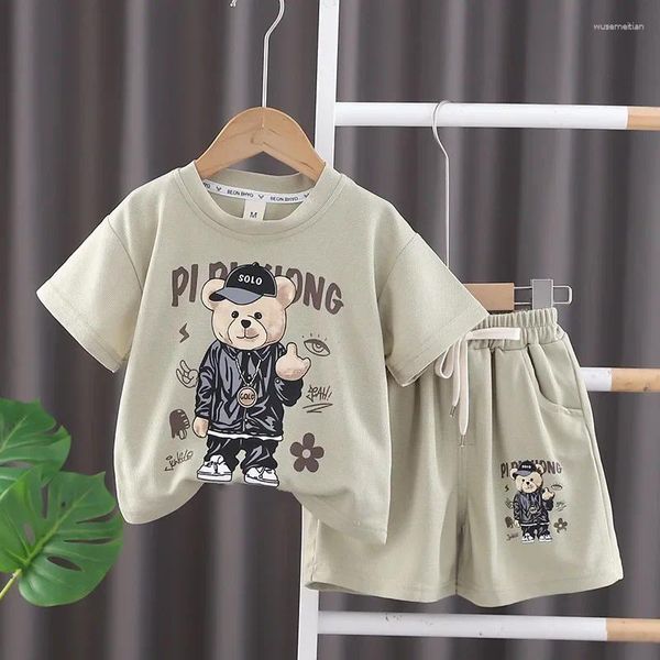 Vêtements d'été bébé garçon vêtements ensemble dessin animé ours t-shirts et shorts costume enfants filles gaufre lettre haut bas 2pcs tenues