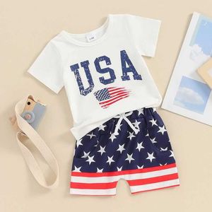 Conjuntos de ropa Summer Baby Boys 4 de julio Camiseta de letra Camisetas de impresión Tops Shorts Independence Day Set H240507
